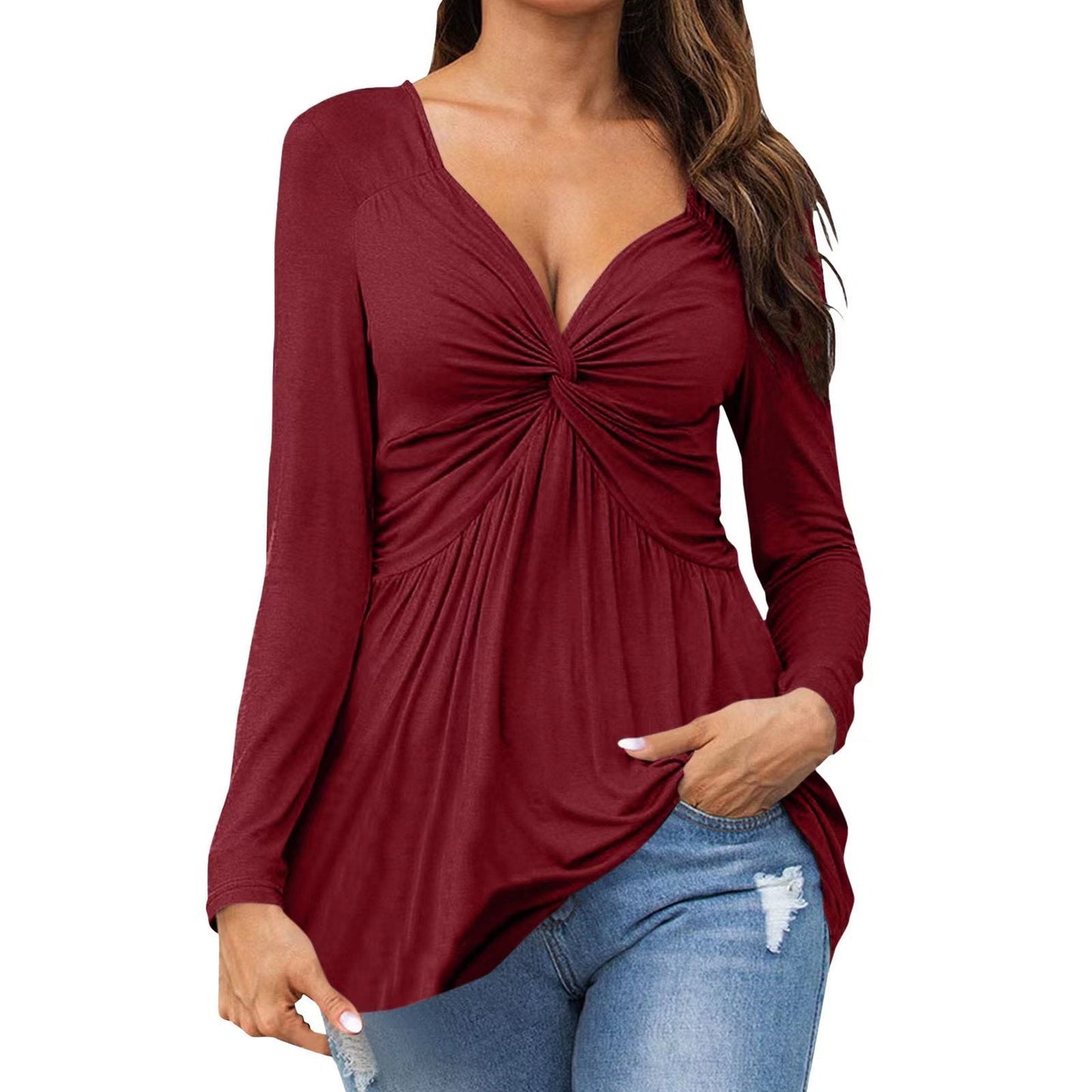 Celine β Elegant Long-Sleeve Tie-Front Top with V-neckline
