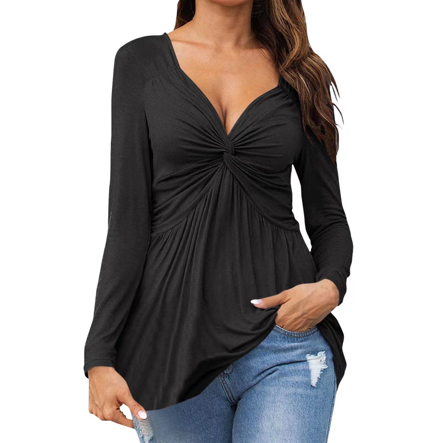Celine β Elegant Long-Sleeve Tie-Front Top with V-neckline