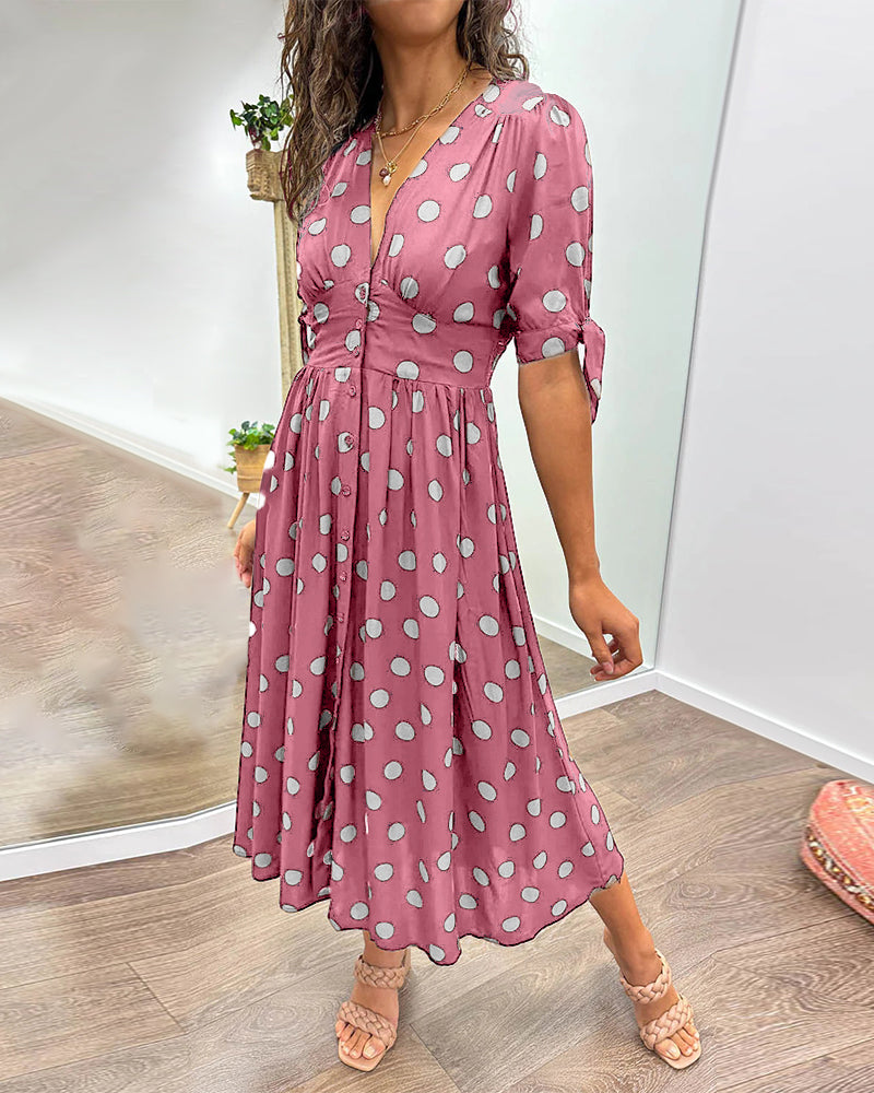 Pennie – Elegant Buttoned Polka Dot Midi Dress for a Chic and Stylish Look