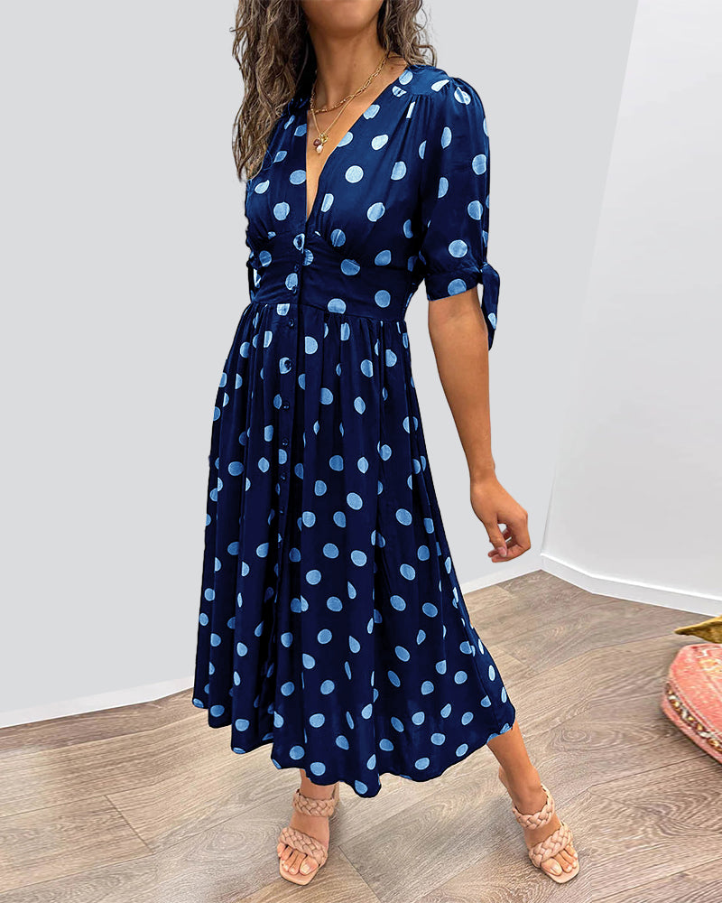Pennie – Elegant Buttoned Polka Dot Midi Dress for a Chic and Stylish Look