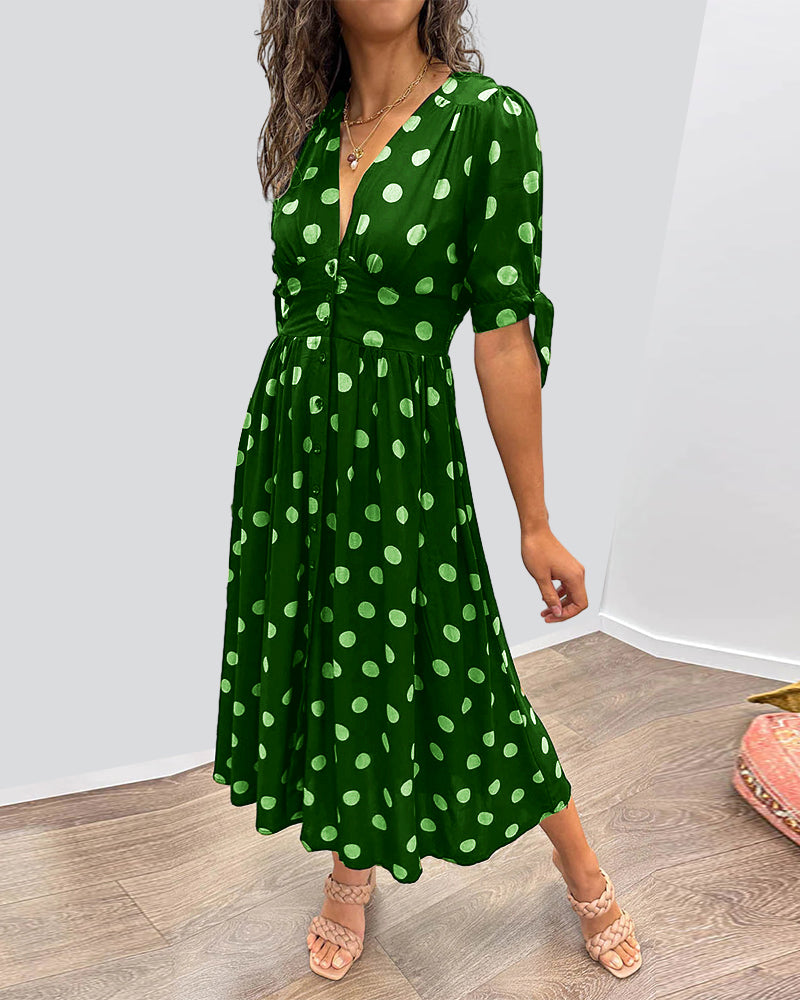 Pennie – Elegant Buttoned Polka Dot Midi Dress for a Chic and Stylish Look